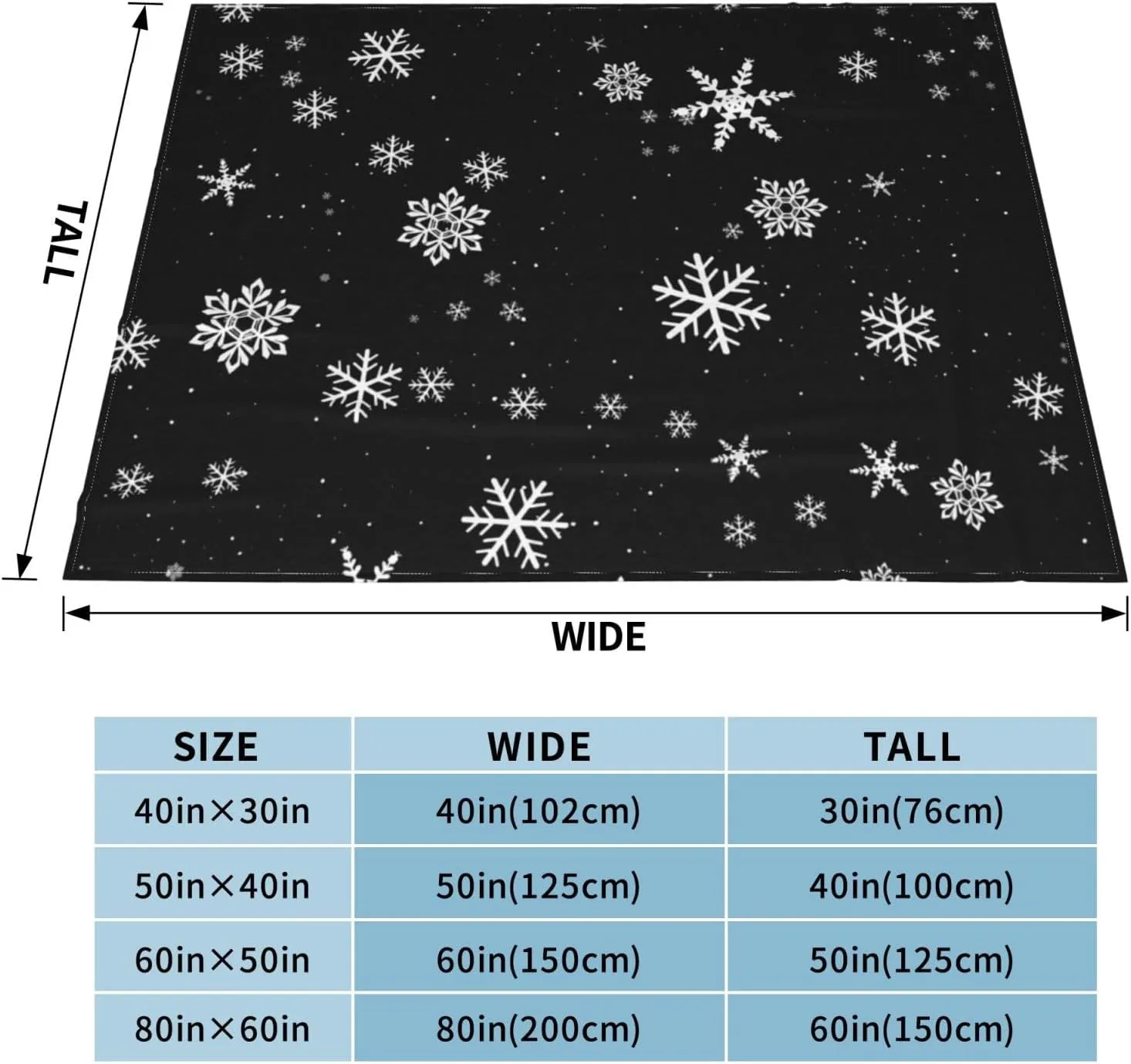 Snowflake Winter Pattern Black and White 60"X50" Flannel Blanket - 100% Soft Polyester, Lightweight and Warm, Suitable for Families, Camping, Travel