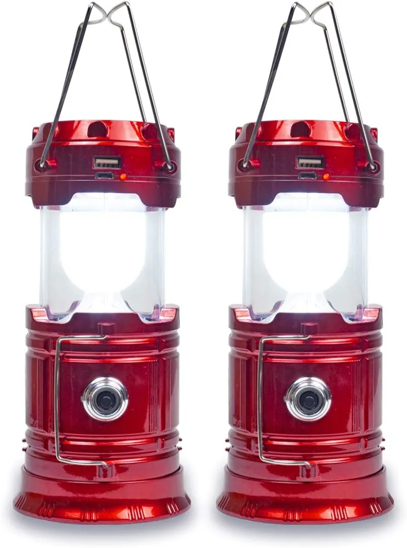 Solar Camping Lantern Rechargeable USB,COB LED Lantern Flashlight 2 Power Supply Modes Survival Kit for Emergency, Hurricane(Red 2 Pack)