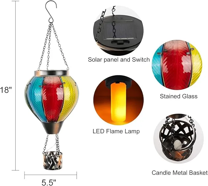 Solar Hot Air Balloon Lantern with Flame, Solar Powered Hot Air Balloon Lights Hanging Solar Lanterns Outdoor Waterproof for Garden Porch Yard Patio Pathway Decor