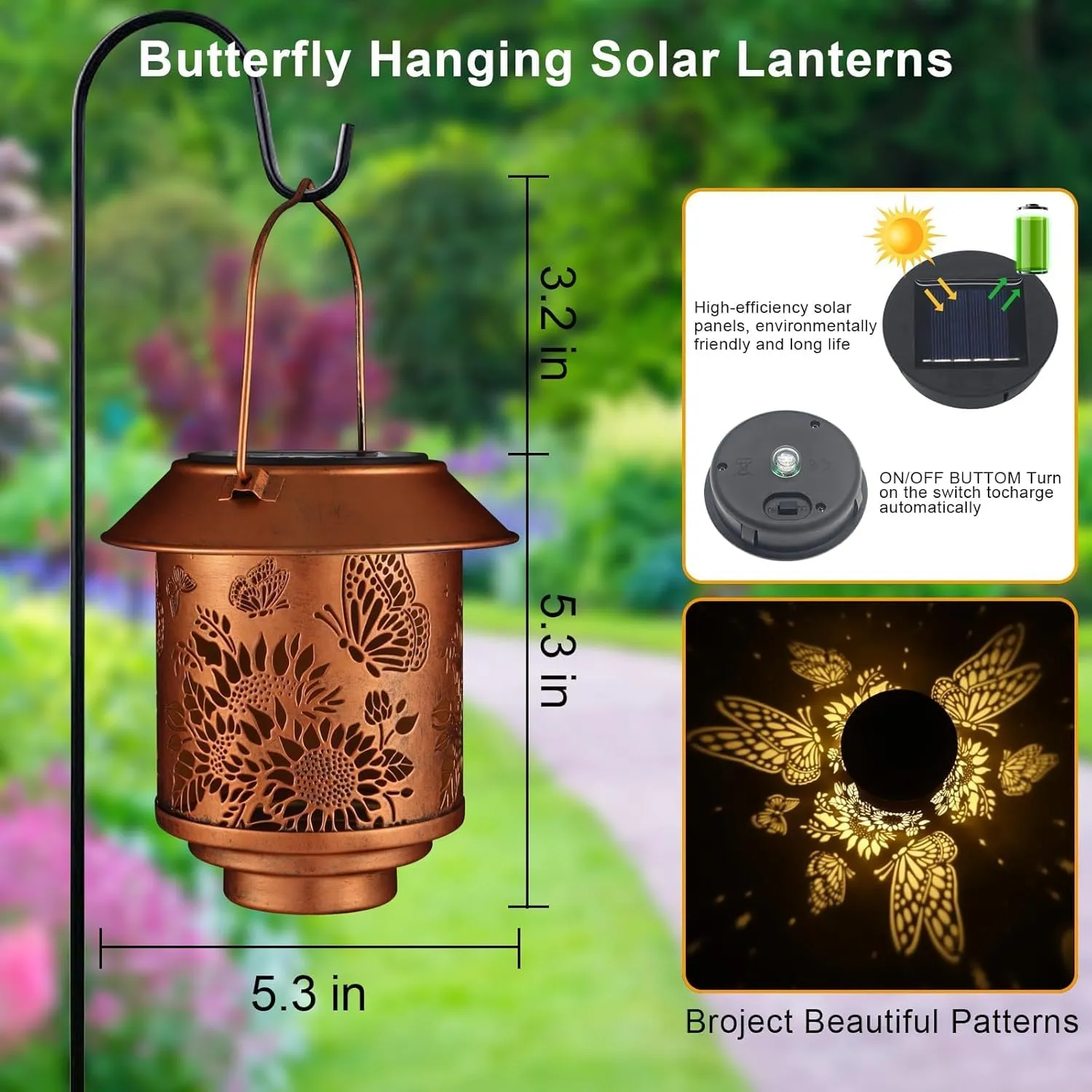Solar Lantern Outdoor Hanging Sunflower Lights Gifts for Women Mom Metal Garden Decor Outside Waterproof LED Lanterns for Patio(Butterfly)