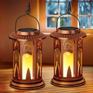 Solar Lanterns Outdoor Waterproof, 2 Pack Flickering Flameless Outdoor Solar Candle Lantern, Solar Powered & Battery Powered Hanging Lanterns Decorative Outdoor for Porch Garden Christmas Decorations