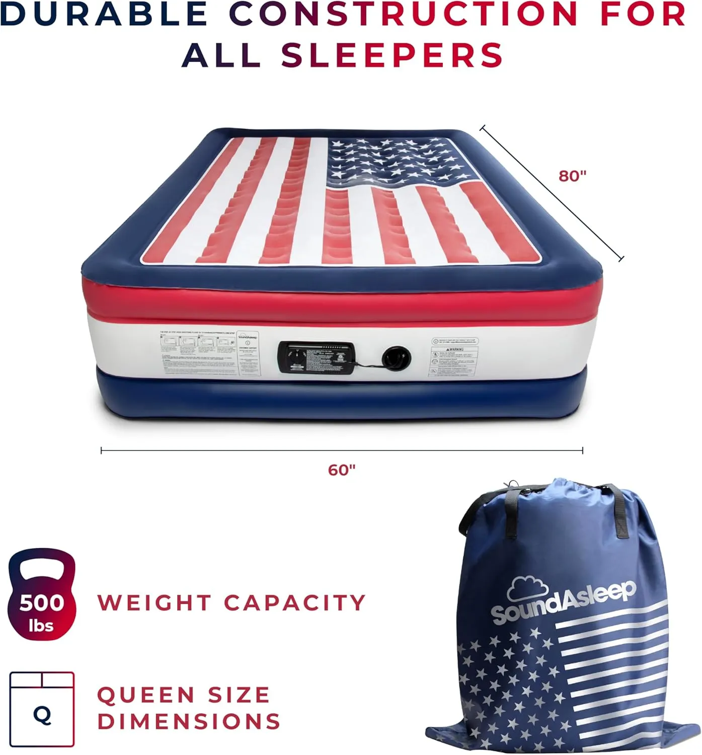 SoundAsleep Dream Series Luxury USA Air Mattress with ComfortCoil Technology & Built-in High Capacity Pump for Home & Camping- Double Height, Adjustable, Inflatable Blow Up, Portable - Queen Size