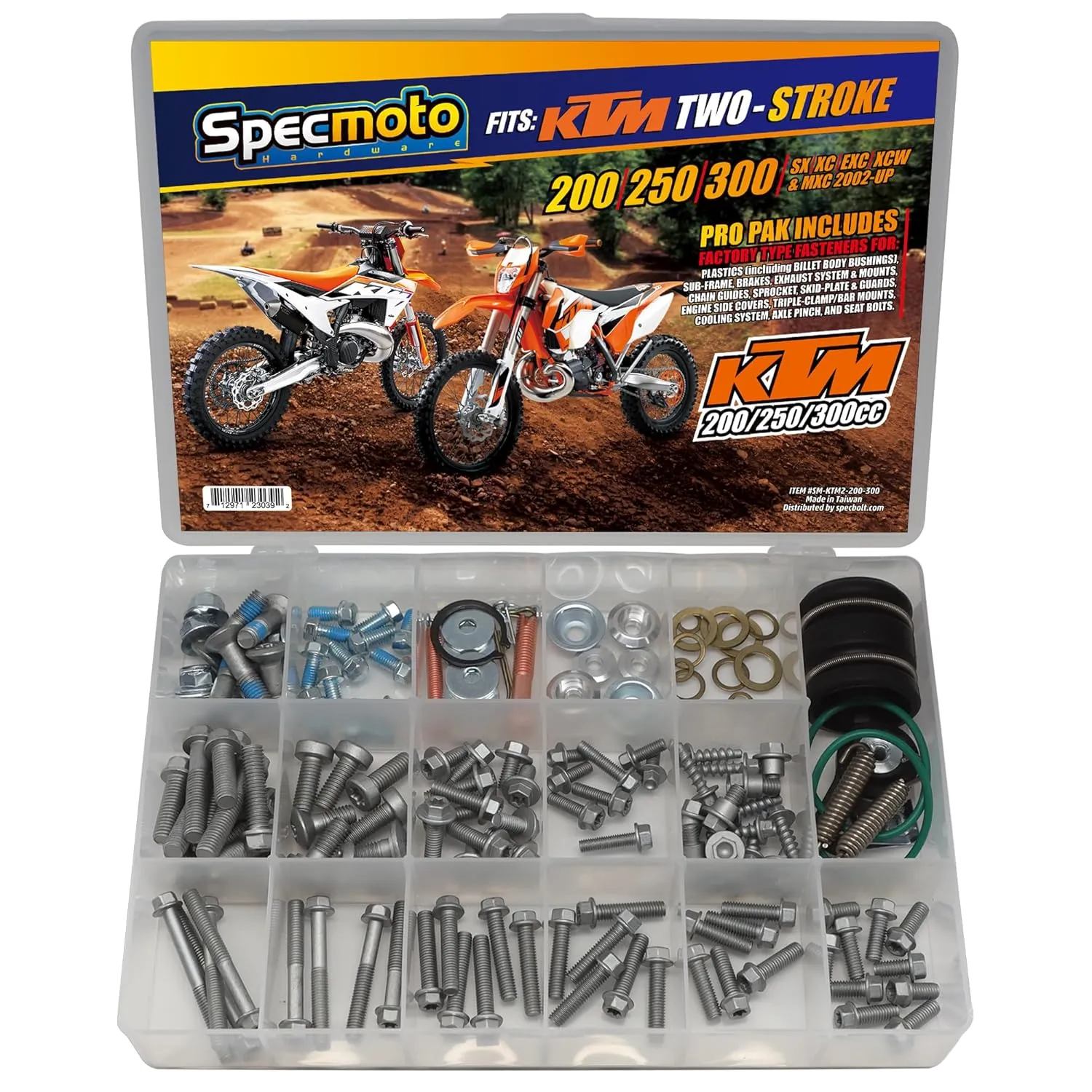 Specmoto KTM Two-Stroke Specific Bolt Kit. Fits: KTM 200 250 300 SX XC EXC XCW & MXC Two Stroke Model Series Dirt Bike Motorcycle. Years 2002 to Current.