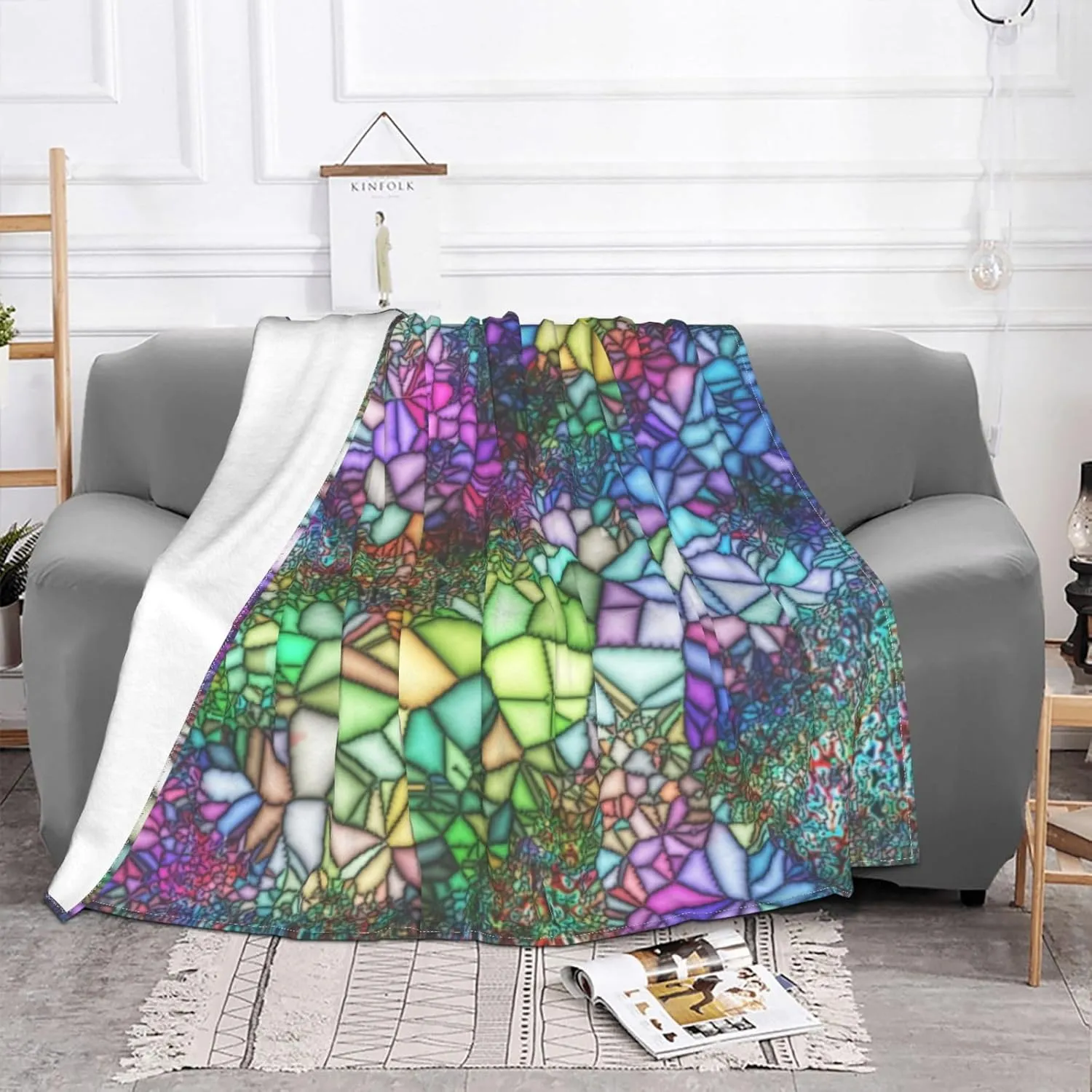 Stained Glass Mosaic Light 60"X50" Flannel Blanket - 100% Soft Polyester, Lightweight and Warm, Suitable for Families, Camping, Travel
