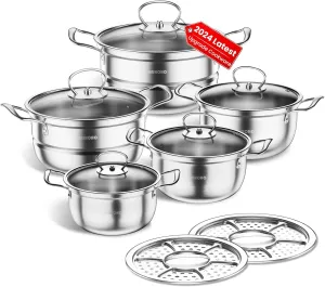 Stainless Steel Cookware Set, 12 Piece Kitchen Induction Cookware Set, Works with Induction/Electric and Gas Cooktops, Kitchen Cooking Set with Glass Lid (Silver D)