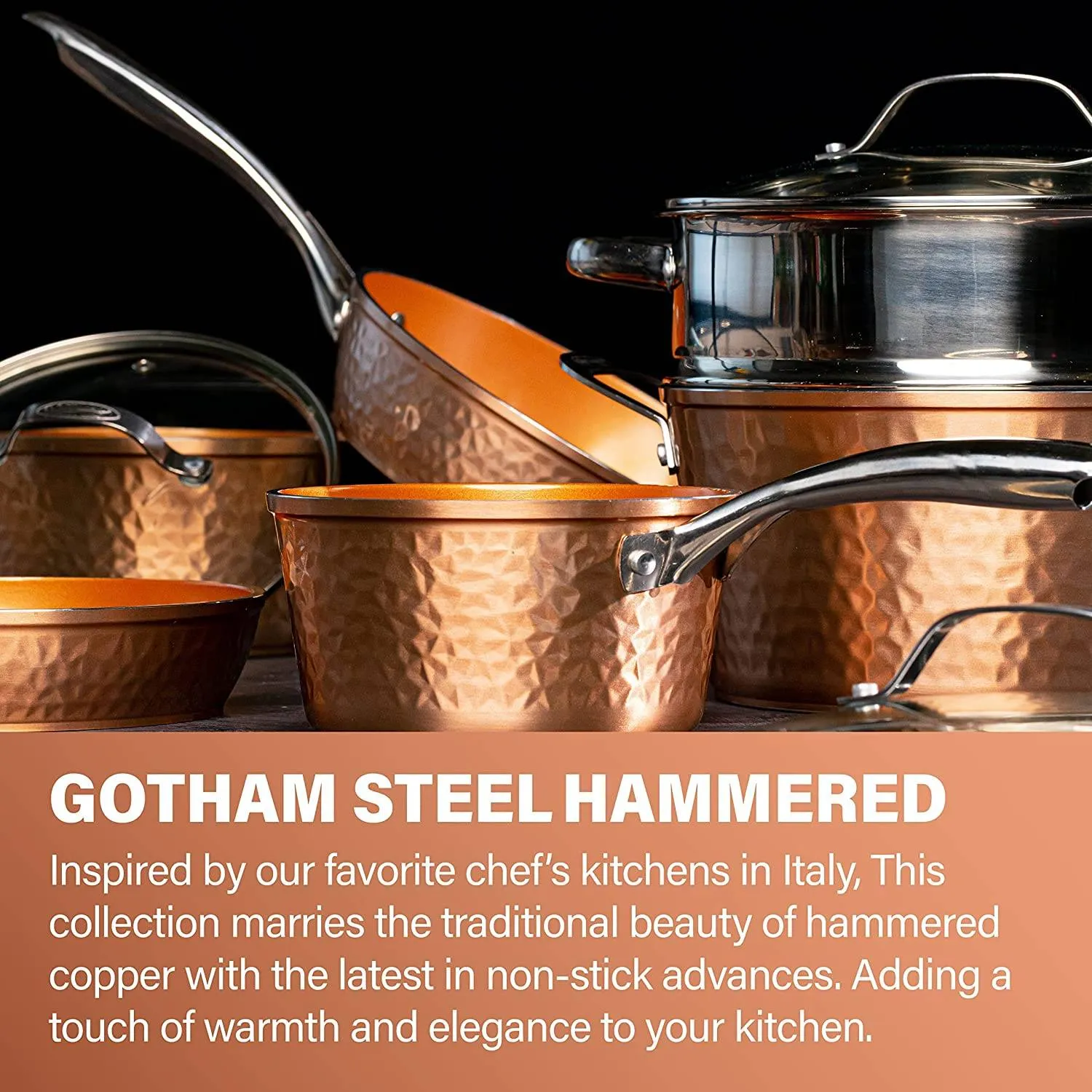Steel Hammered Pots and Pans Set Nonstick, 15 Pc Elegant Kitchen Cookware Set & Bakeware Set, Ultra Durable Pots and Pans for Cooking with Nonstick Ceramic Coating, Dishwasher Safe, Toxin Free