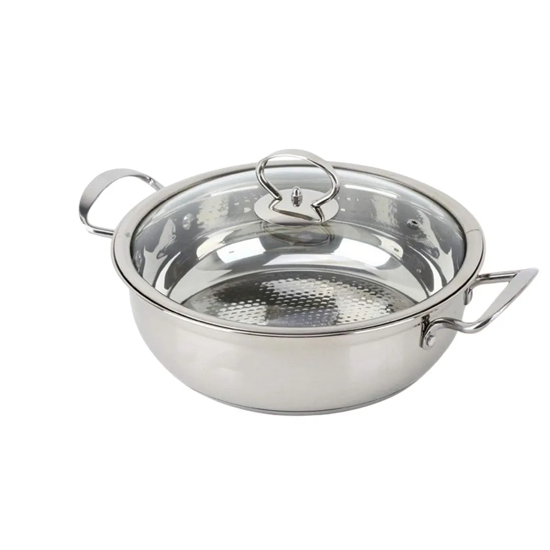 Steelcraft Stainless Steel 26cm Induction Usable Shabu Shabu Hot Pot With Handle & Glass Lid