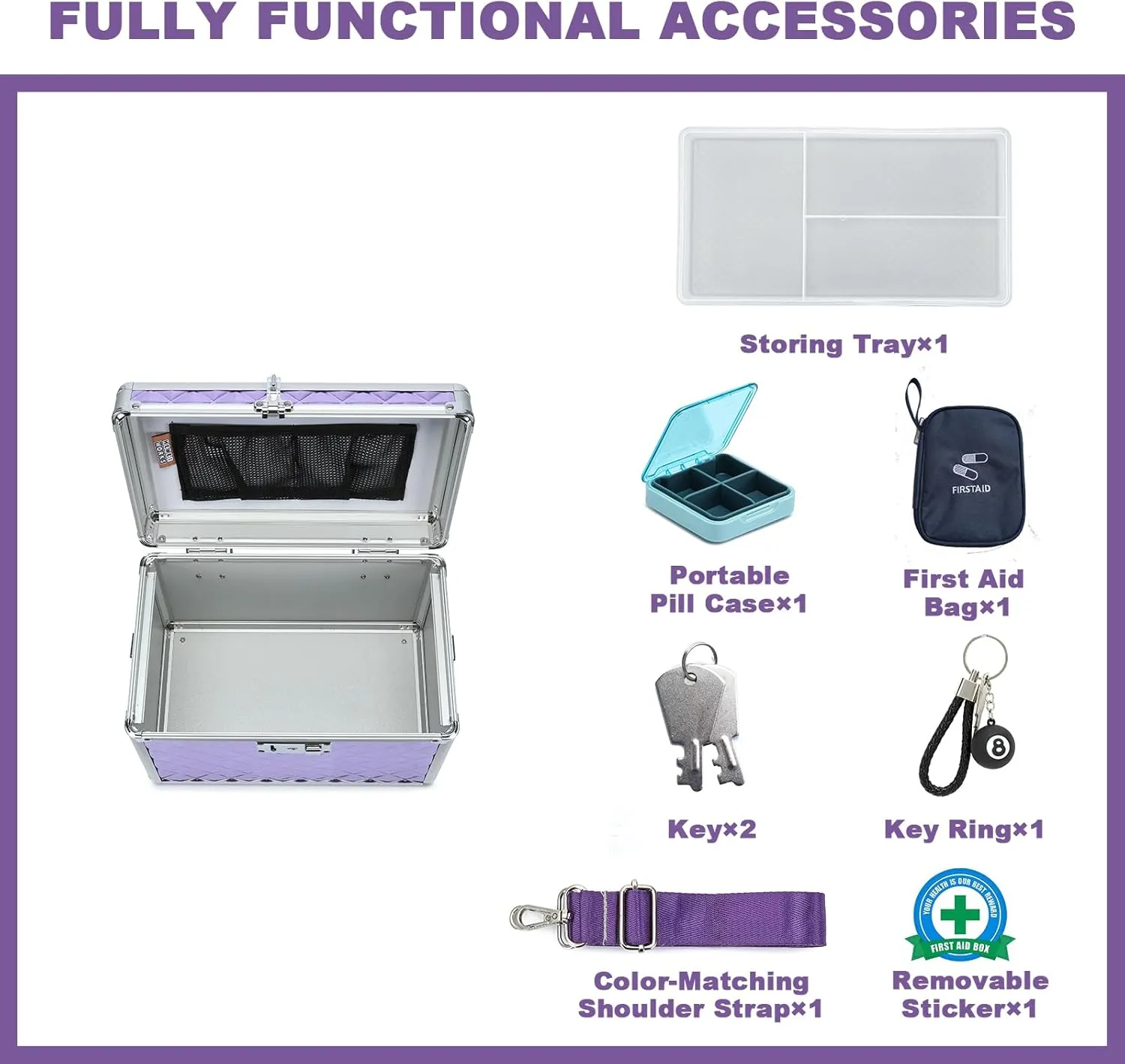 Storage Box with Key Lock, Lockable Medicine Storage Box, Empty First Aid Box, Security Lock Box, Multipurpose Locking Box for Home and Outdoor Use (Purple, Medium)