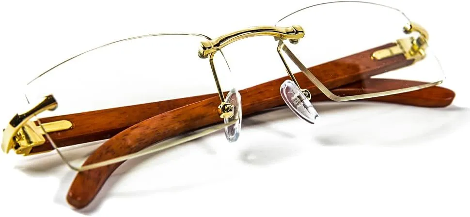 Street Knitted Vintage Retro 90's Rimless Clear Lens Gold Frame Hip Hop Rectangle Men Frameless Buffs Woodgrain Fashion Frameless Square Clear Tint Eye Glasses