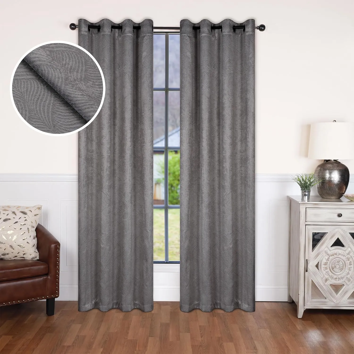 Superior Waverly Blackout Curtain Set of 2, Thermal Insulated Panel Pair with Grommet Top Header, Beautiful Embossed Wave Room Darkening Drapes, Available in 4 Lengths - Silver, 52”x84” each