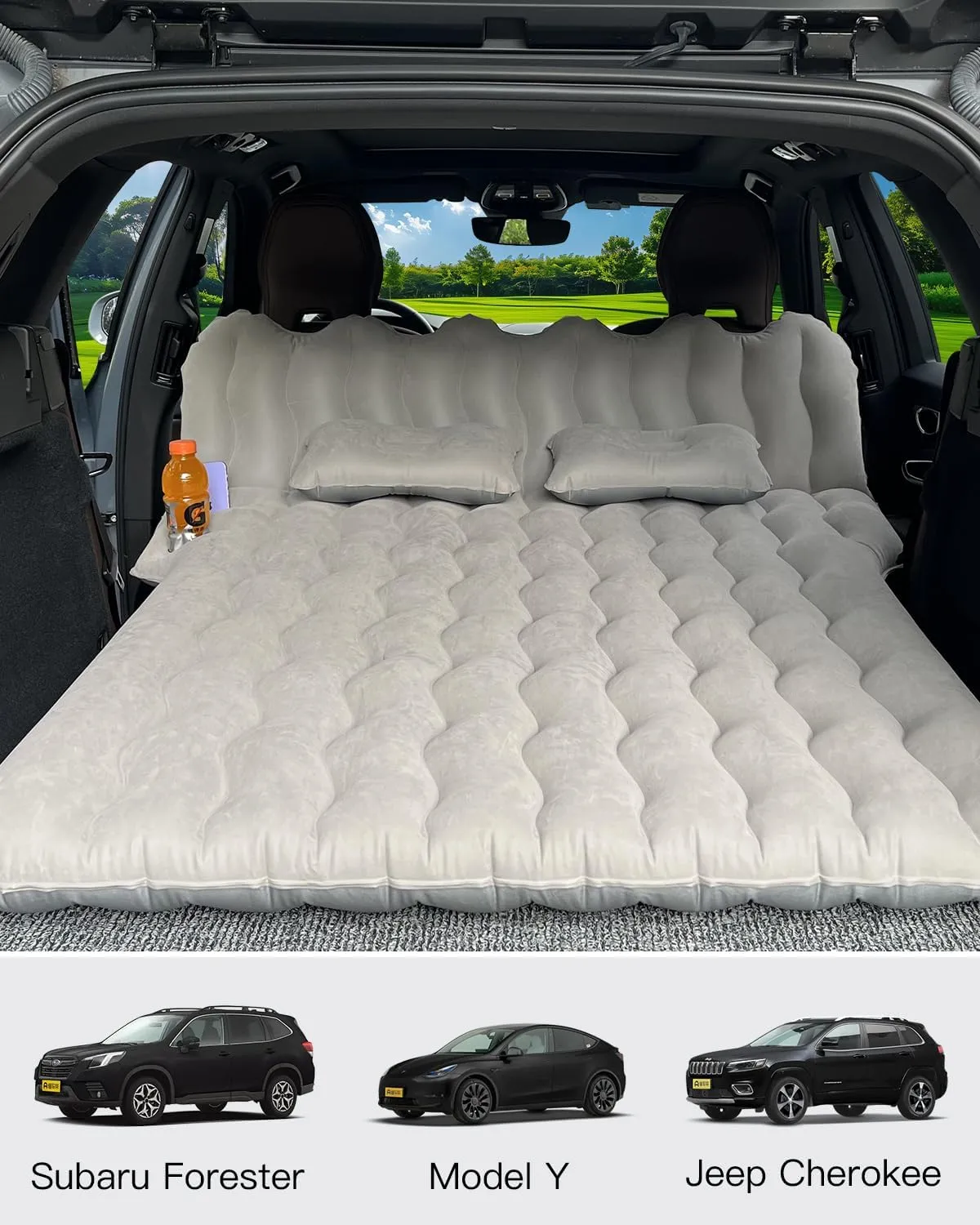 SUV Air Mattress with Cup & Phone Holder, Flocked-Top Inflatable Car Mattress with Two Air Pillows & Electric Air Pump, Ideal SUV Mattress for Camping, Travel, and Road Trips (Grey)