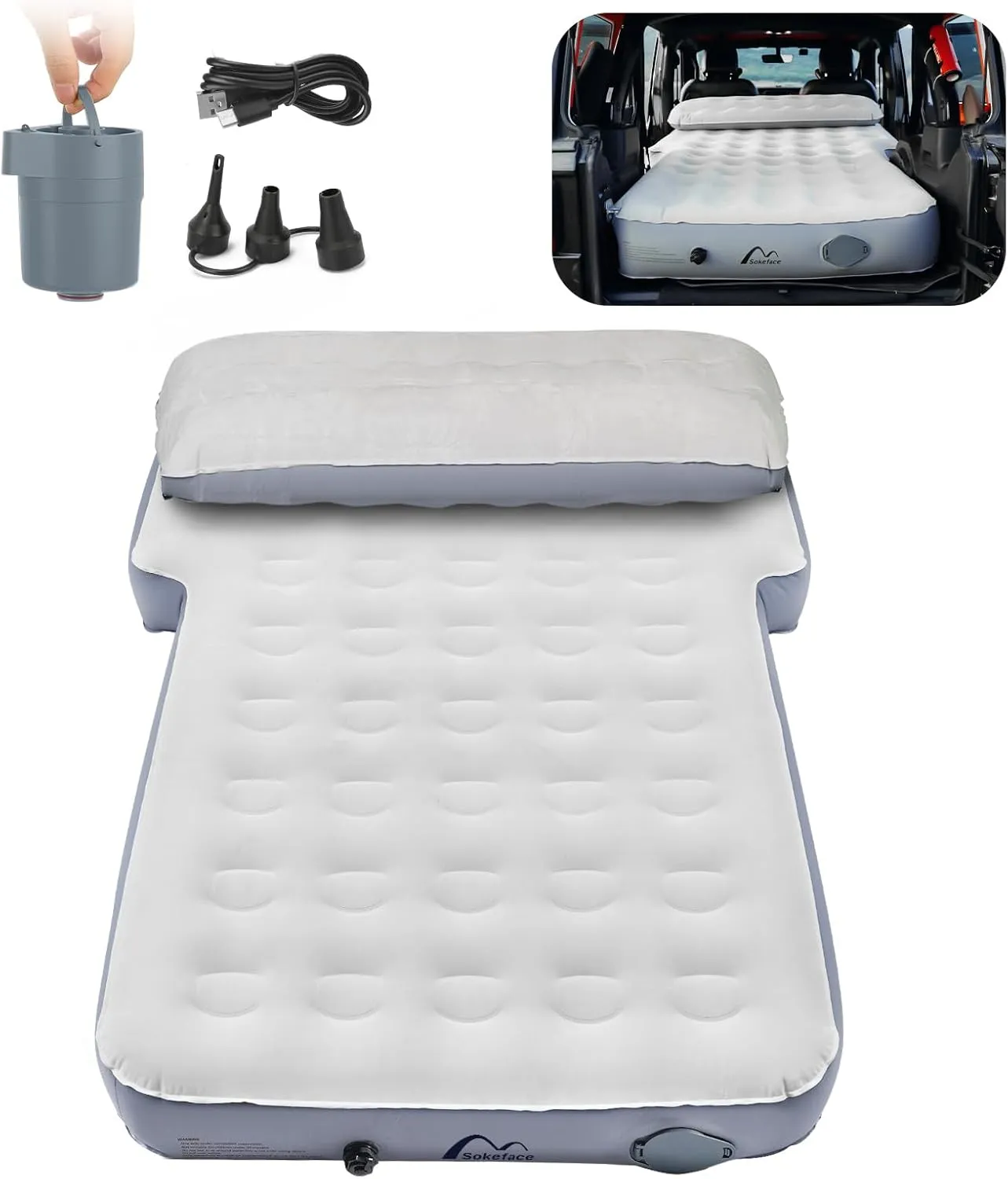 SUV Air Mattress with One-Click Charging Wireless Air Pump, Detachable Pillow, 10inch Air Mattress for Jeep Wrangler JK JKU JL JLU Unlimited 4 Door, Heavy Duty, Car Camping, Patent Pending
