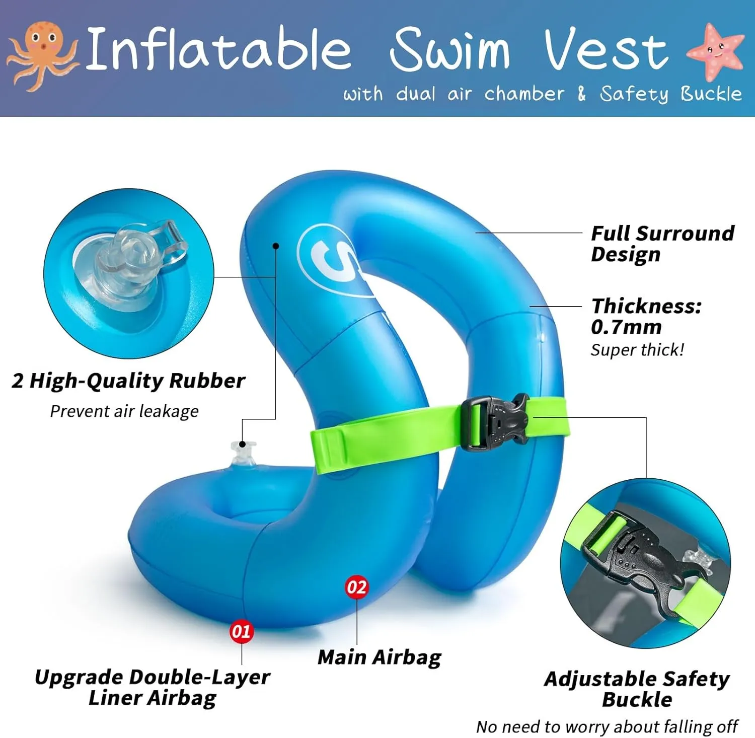 Swim Vest, Inflatable Swim Jacket, Pool Floaties, Lightweight Buoyancy Aid Floation for Toddler Kids Teens Adults