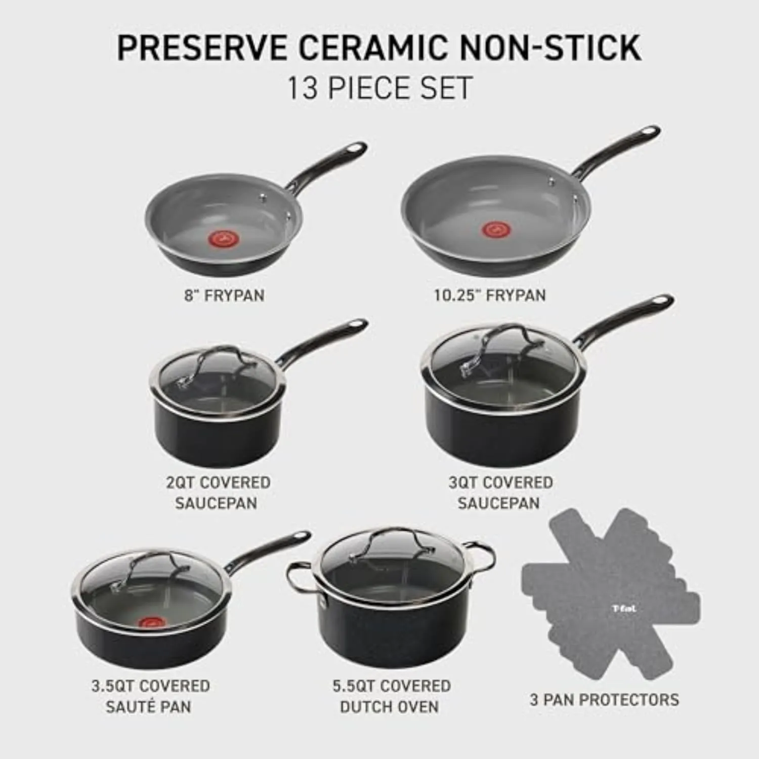 T-fal Preserve Ceramic, Ceramic Non Stick Cookware Set 13 Piece, Oven Broiler Safe 350F, Kitchen Set w/Frying Pans, Saucepans, Sautepan, Dutch Oven, Lids, Pan Protectors, Pots and Pans Set, Black