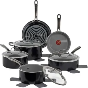 T-fal Preserve Ceramic, Ceramic Non Stick Cookware Set 13 Piece, Oven Broiler Safe 350F, Kitchen Set w/Frying Pans, Saucepans, Sautepan, Dutch Oven, Lids, Pan Protectors, Pots and Pans Set, Black