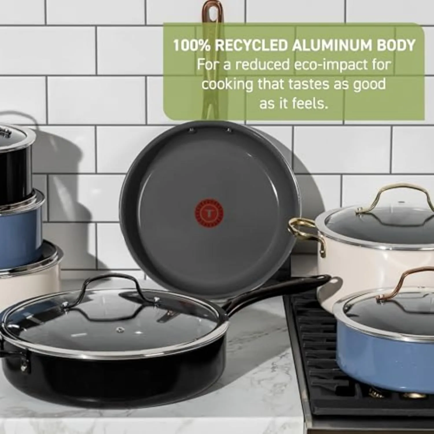 T-fal Preserve Ceramic, Ceramic Non Stick Cookware Set 13 Piece, Oven Broiler Safe 350F, Kitchen Set w/Frying Pans, Saucepans, Sautepan, Dutch Oven, Lids, Pan Protectors, Pots and Pans Set, Black
