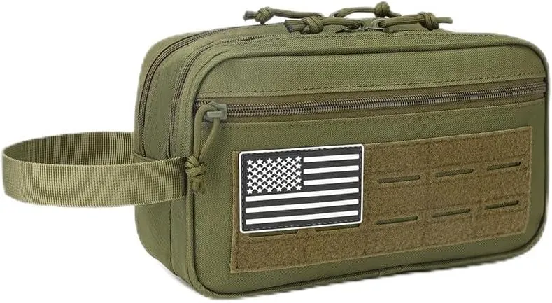 Tactical Toiletry Bag for Men – MOLLE Dopp Kit with Dry/Wet Separation, Large Capacity, Water-Resistant Travel Shaving Bag with U.S Patch & T-Mount MOLLE Clip (OD)