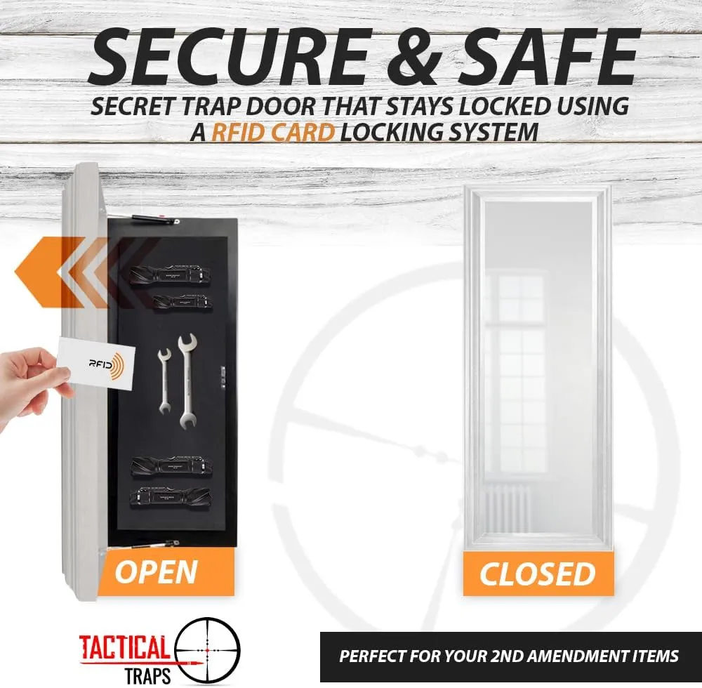Tactical Traps - Mirror MAX Storage with Secured Door - 47.5” x 19.5” - Storage with RFID Lock and Safe & Unseen Compartment - Dark Walnut