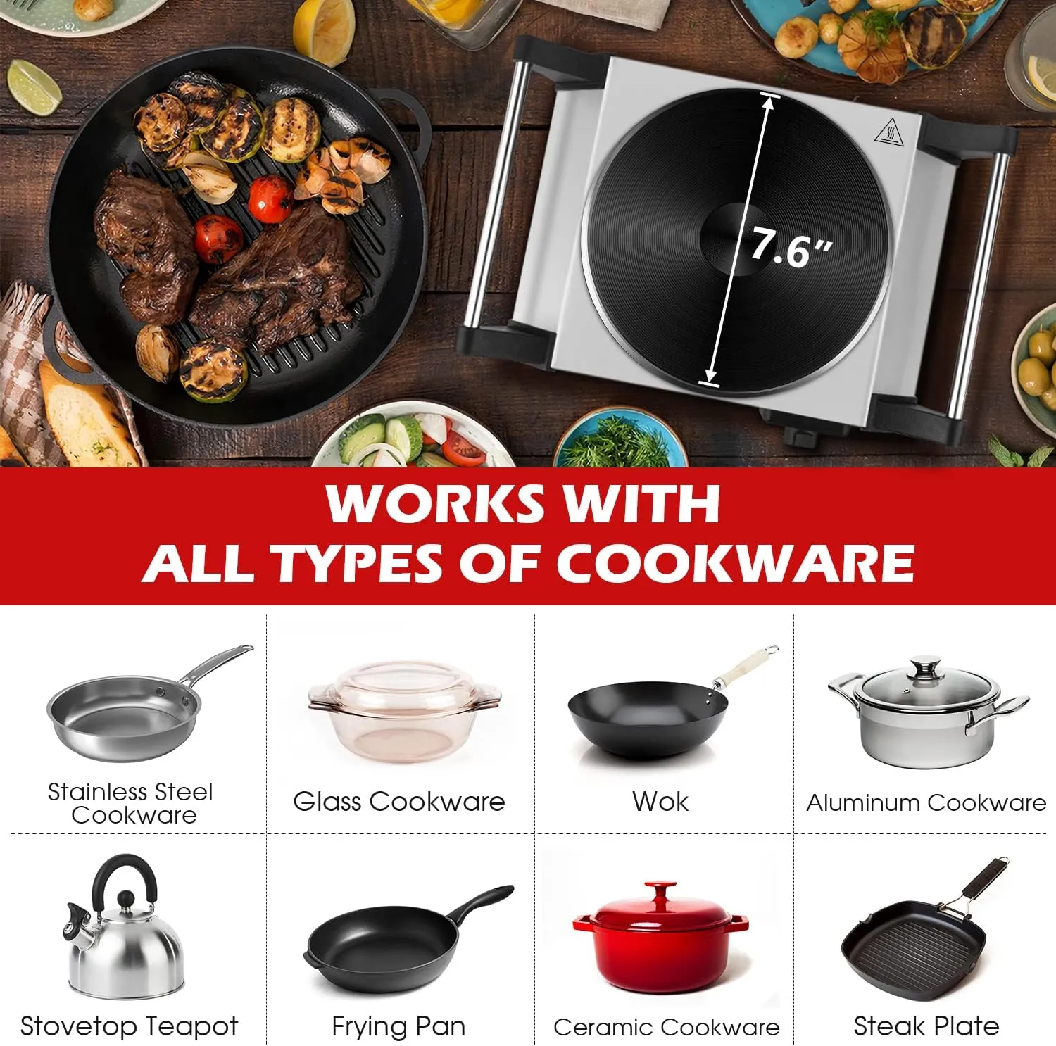 Techwood Hot Plate for Cooking, 1500W Electric Stove Countertop Single Burner with Adjustable Temperature & Stay Cool Handles, 7.5” Cooktop for Home/RV/Camp, Compatible for All Cookwares, Silver