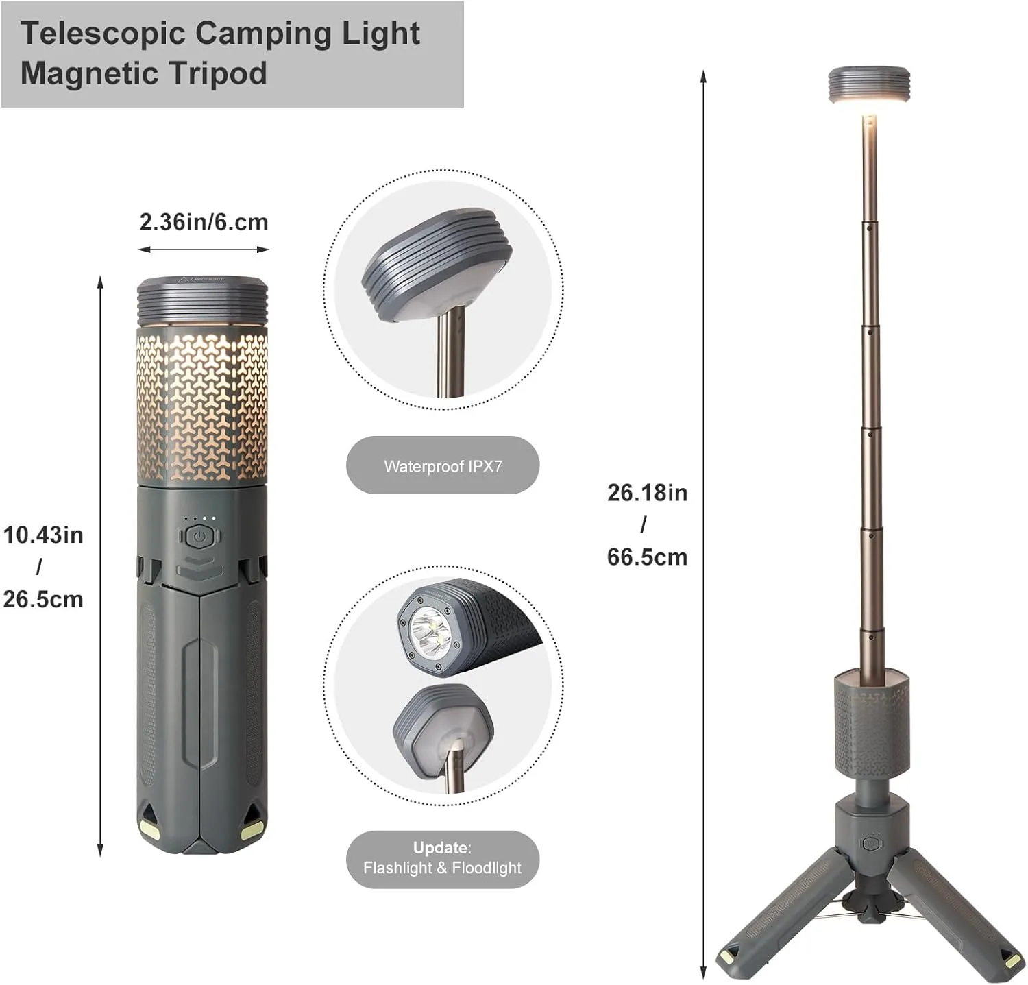 Telescopic Camping Light,Telescoping Portable Light,Rechargeable 10500mAh Battery,Magnetic Outdoor Lantern,Flash Light & Road Lamp for Adventure,Hiking,Camping(Dark Grey)