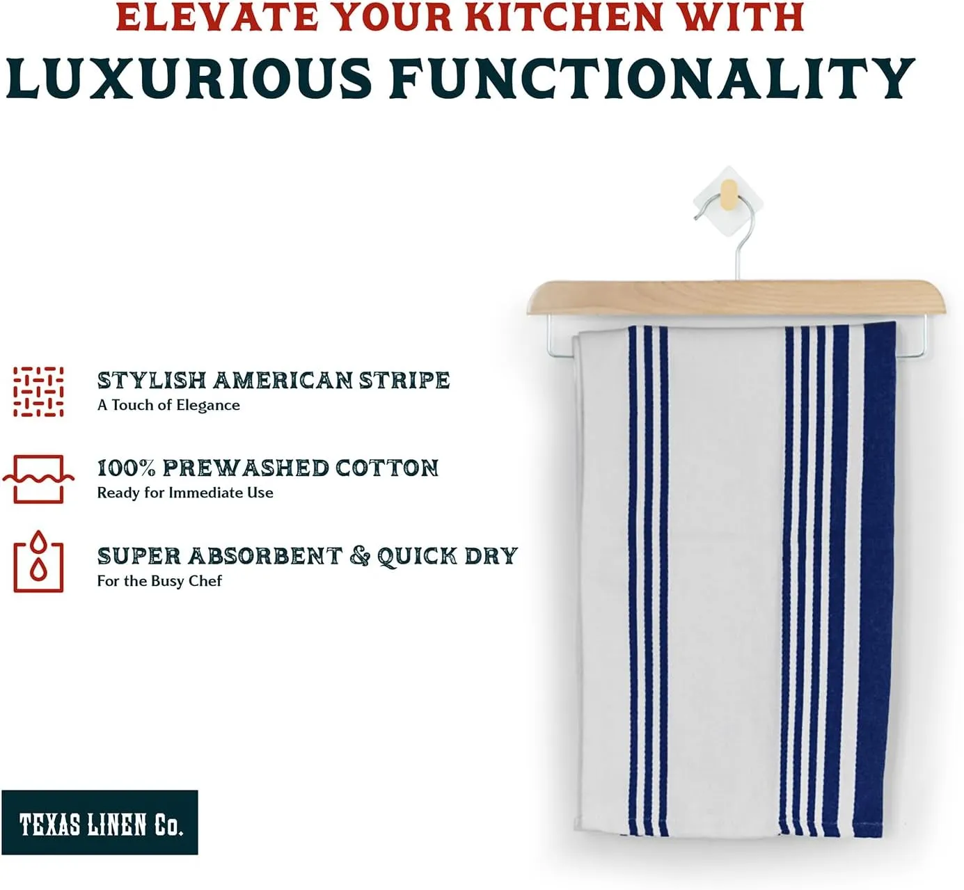 Texas Linen Co. American Stripe Kitchen Towels 100% Cotton Pack of 6, Highly Absorbent Quick Drying, Soft Dish Towels 20x30 Inch for Kitchen w Hanging Loop, Hand & Tea Towel - Ink Blue & White Striped