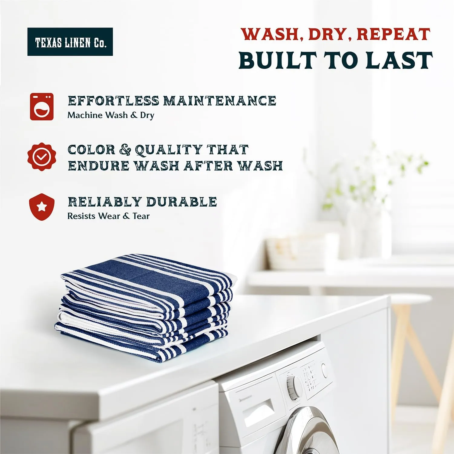 Texas Linen Co. American Stripe Kitchen Towels 100% Cotton Pack of 6, Highly Absorbent Quick Drying, Soft Dish Towels 20x30 Inch for Kitchen w Hanging Loop, Hand & Tea Towel - Ink Blue & White Striped