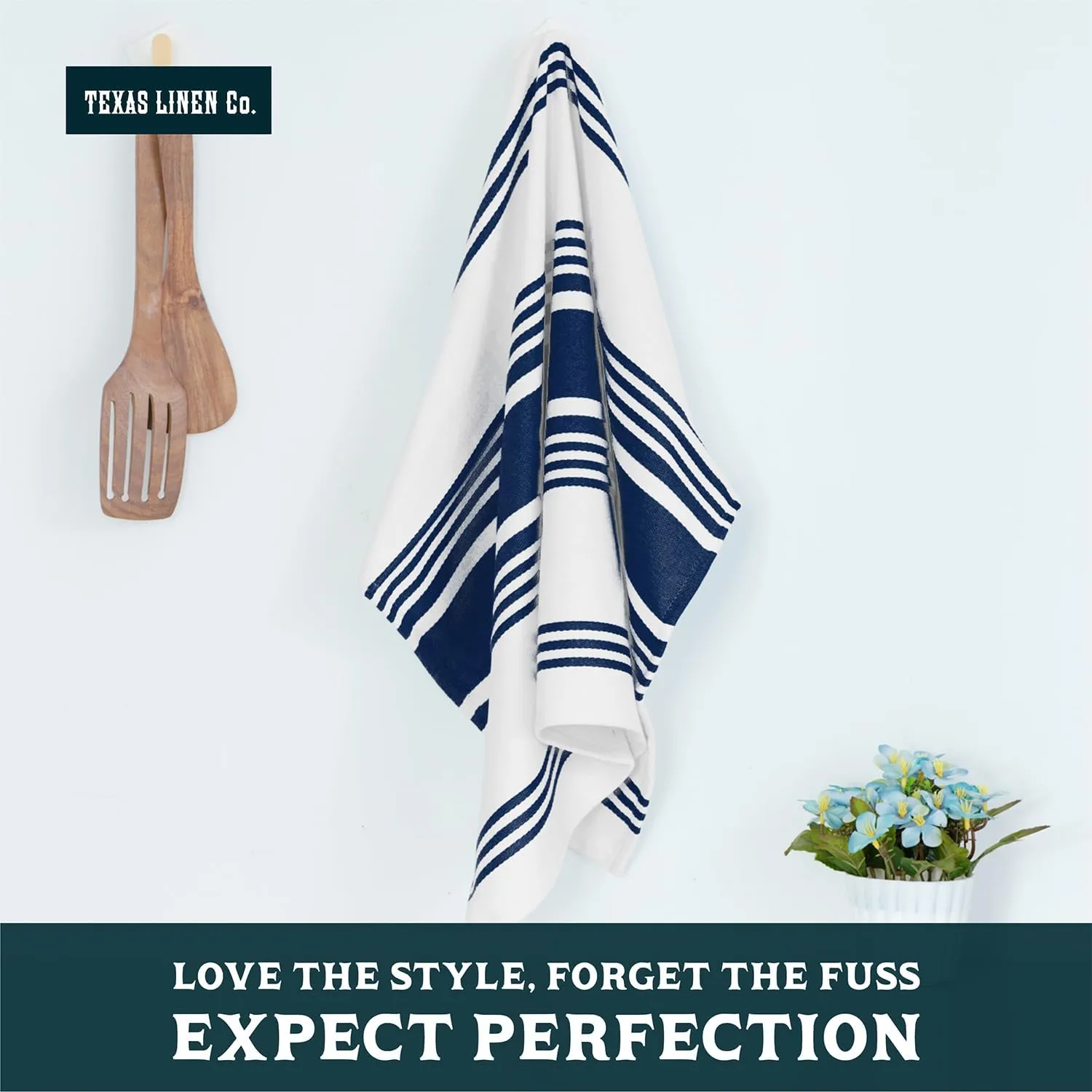 Texas Linen Co. American Stripe Kitchen Towels 100% Cotton Pack of 6, Highly Absorbent Quick Drying, Soft Dish Towels 20x30 Inch for Kitchen w Hanging Loop, Hand & Tea Towel - Ink Blue & White Striped