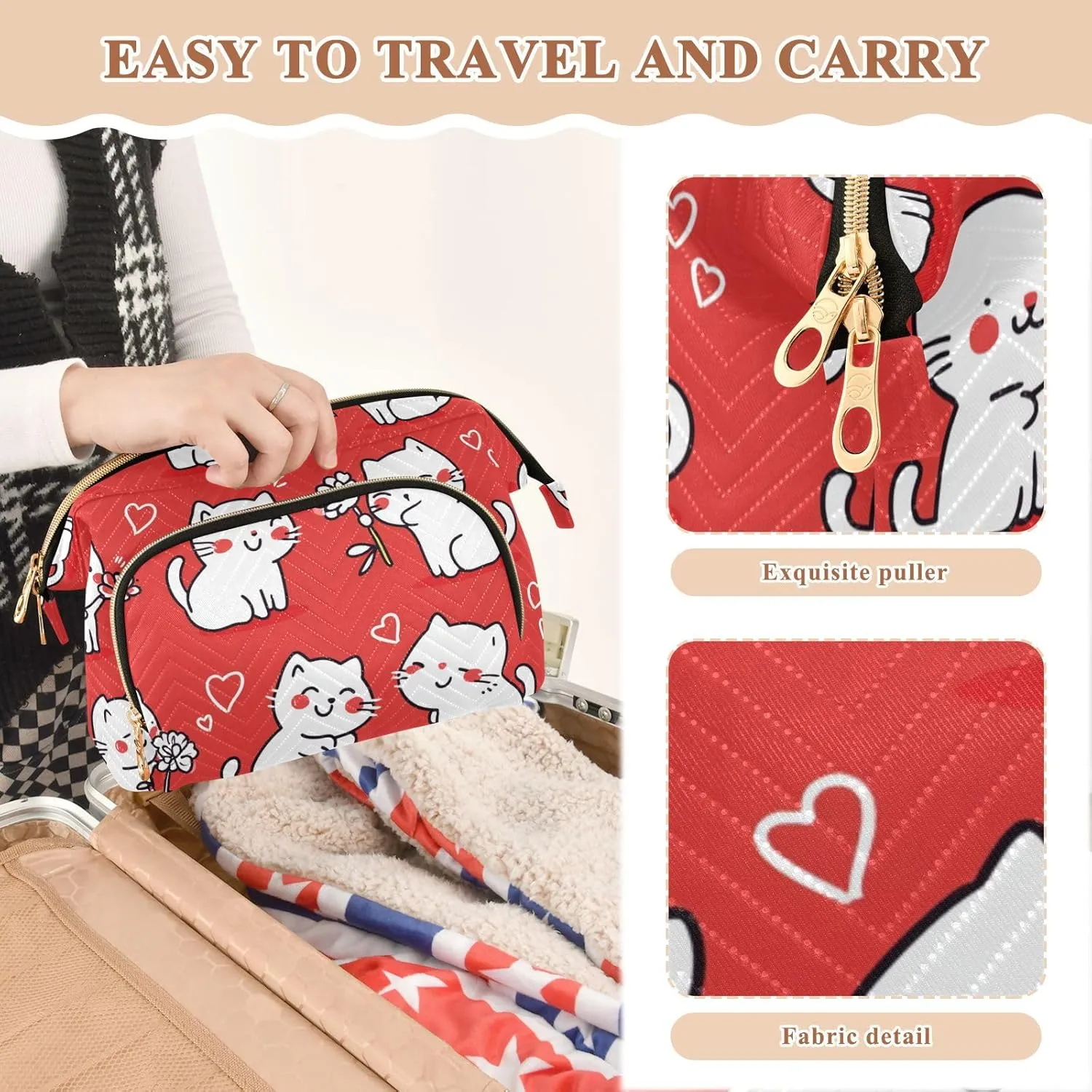 Thanksgiving Day Manx Cats Red Makeup Bags Essentials Travel Cosmetic Bags Women Coin Purse for Travel Kit