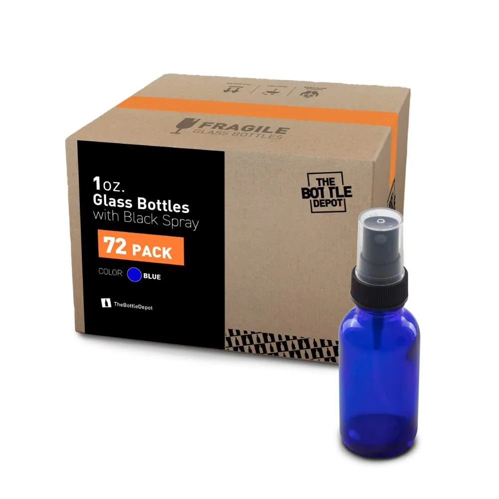 The Bottle Depot - 72 Pack - 1 oz Glass Spray Bottle - Blue - 20-400 Neck Finish - Boston Round Bottles - UV Rays Protection