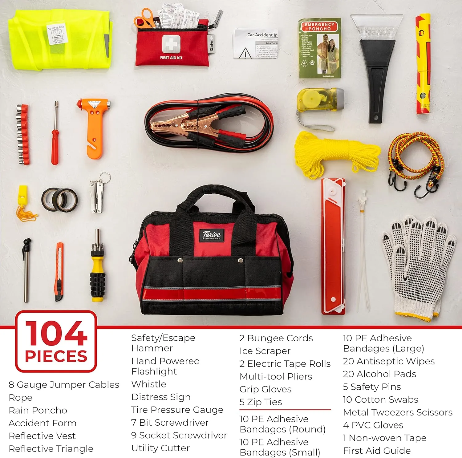 Thrive Roadside Car Emergency Kit (104 Pieces) - Car Safety Kit with Jumper Cables & Mini First Aid - Roadtrip Essentials Adults