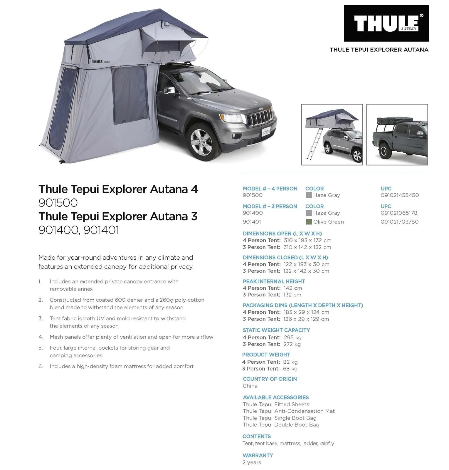 Thule Tepui Autana 4-person roof top tent haze grey 901500