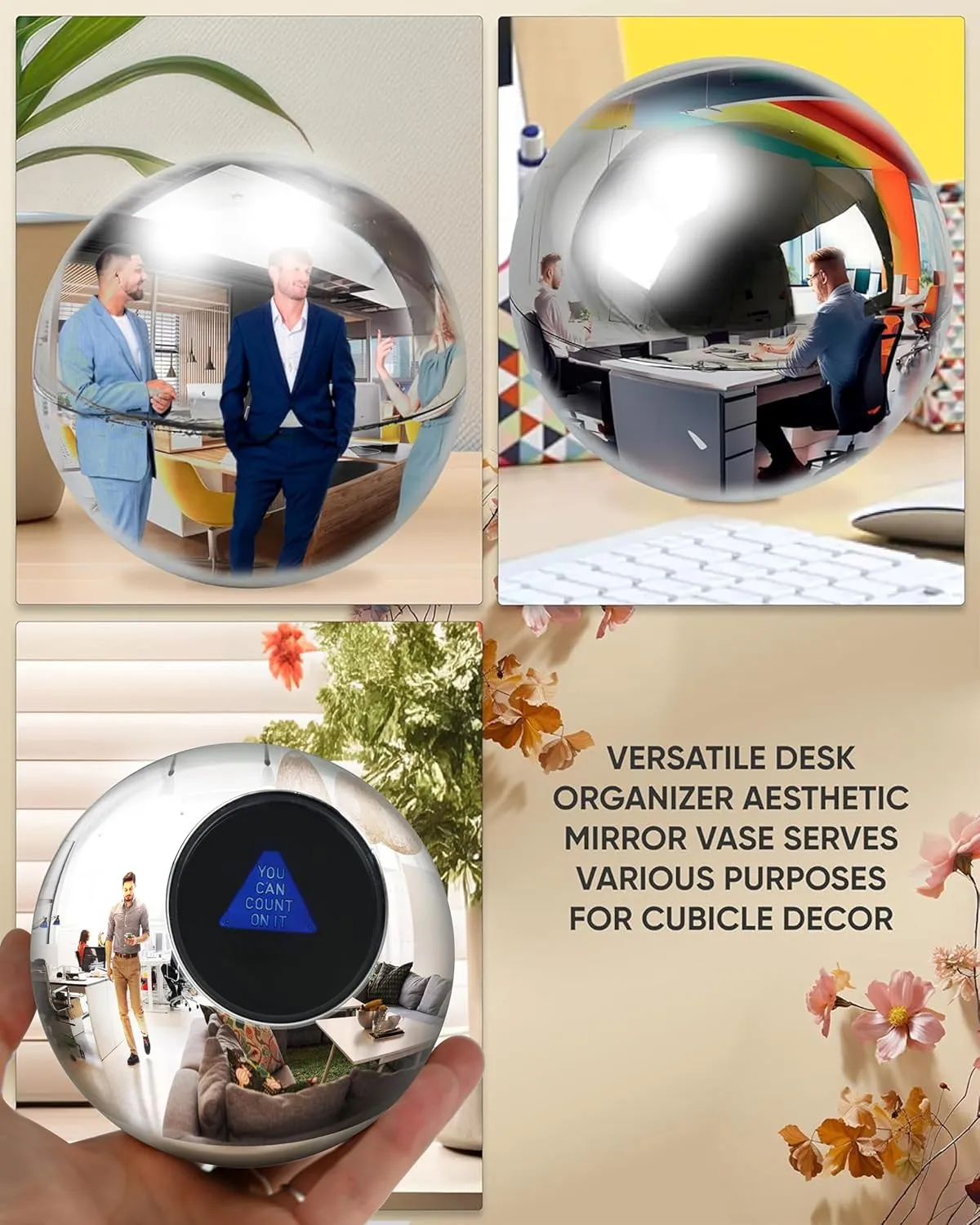 TidyFriend Convex Mirror Fortune Telling Ball Cubicle Decorations - Magic 8 Desk Mirror to See Behind You, Aesthetic Office Cubicle Accessories (Silver)