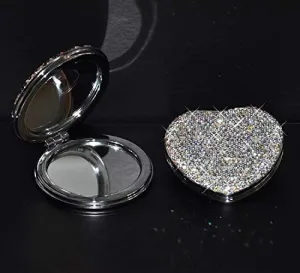TISHAA Bling Bling Double Sided Pocket Sized Travel Heart Shaped Compact Mirror with 2X Magnification (White)