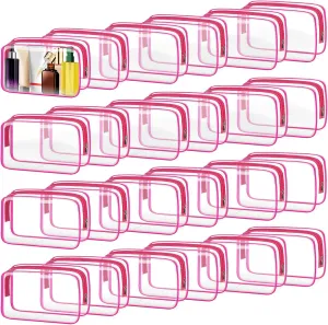 TISRATOK 24 PCS Clear Toiletry Bag for Women Men, Transparent Cosmetic Bag for Travel Makeup Organizer TSA Approved Pouch - Rose Red, Medium