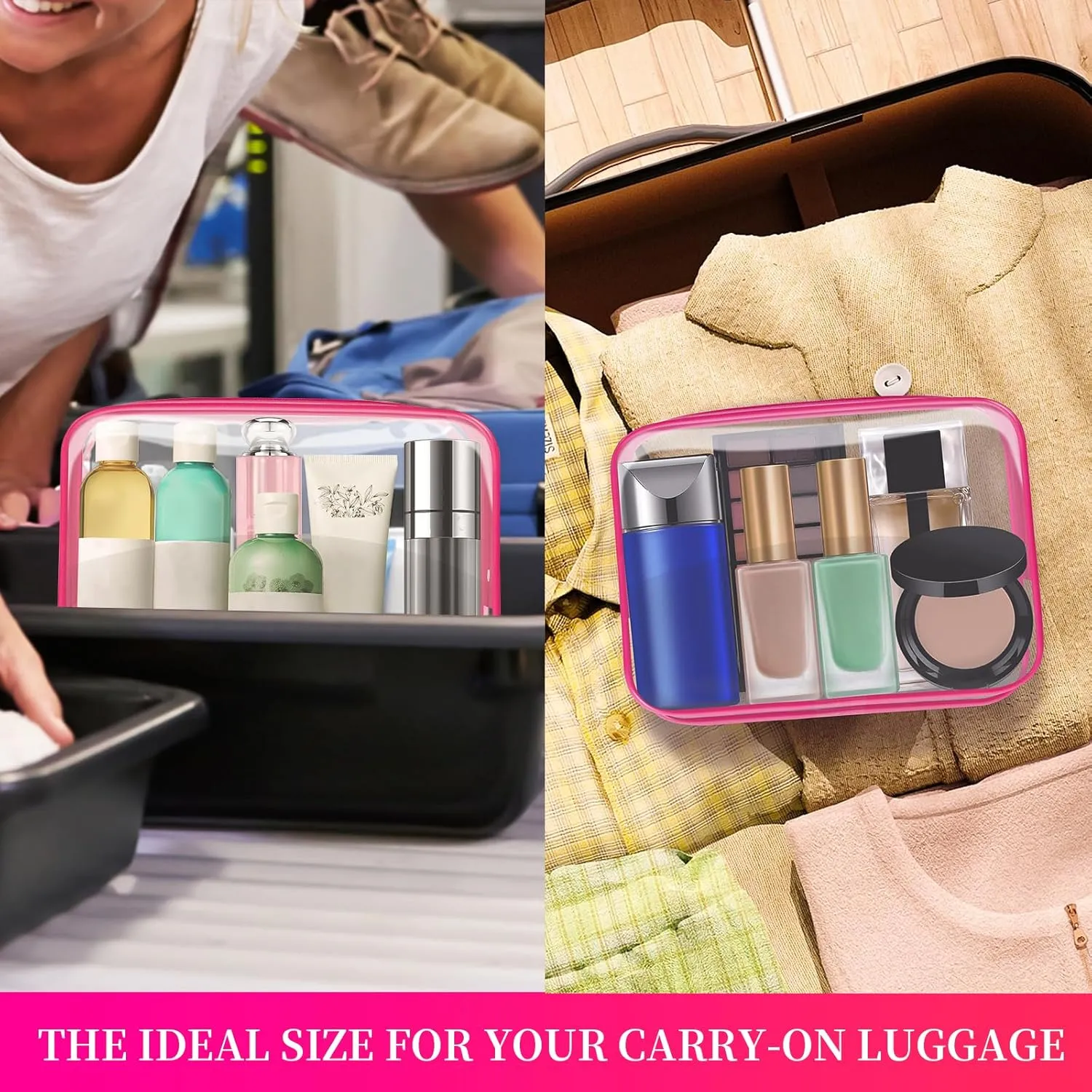 TISRATOK 24 PCS Clear Toiletry Bag for Women Men, Transparent Cosmetic Bag for Travel Makeup Organizer TSA Approved Pouch - Rose Red, Medium
