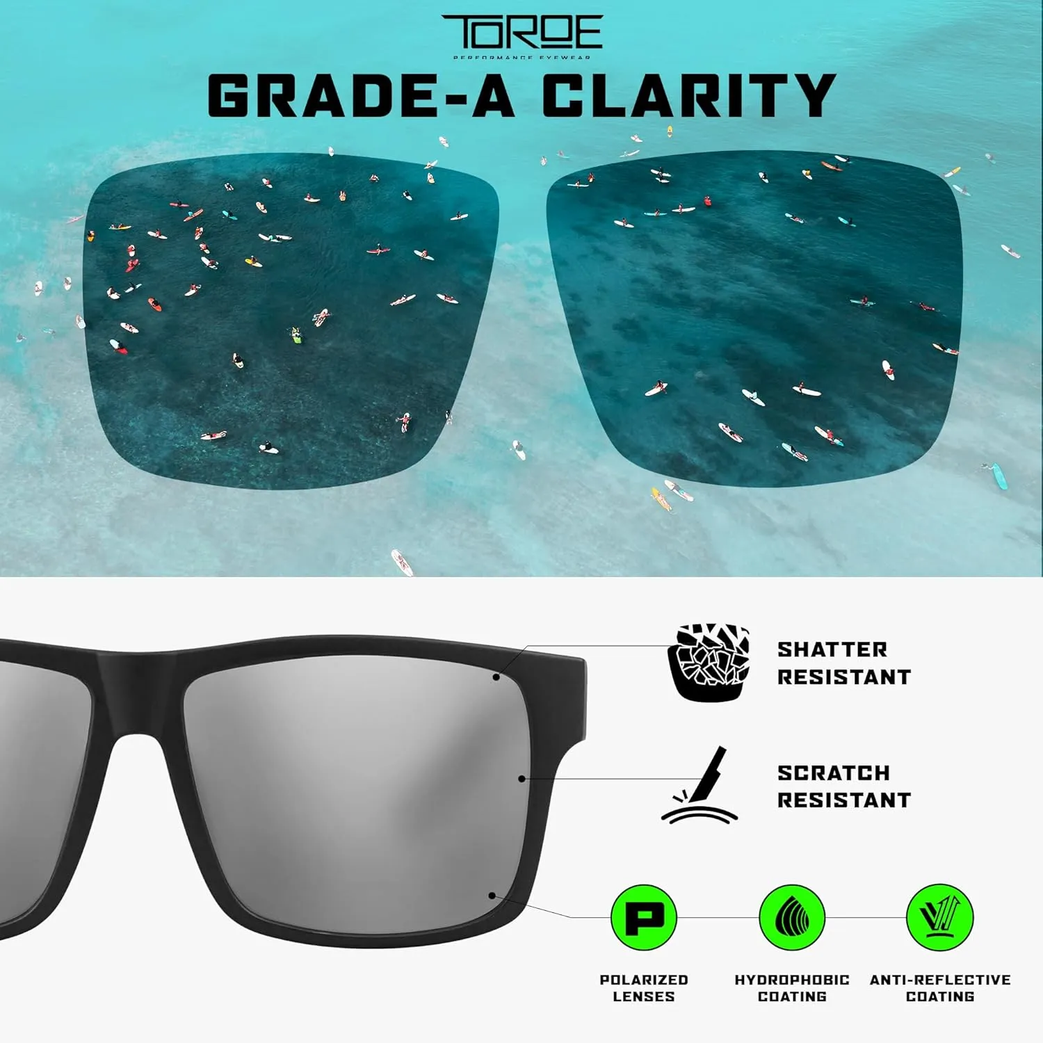 TOROE Classic RANGE TR90 Frame Polarized Unbreakable Sunglasses with Hydrophobic Coated Polycarbonate AR Lenses