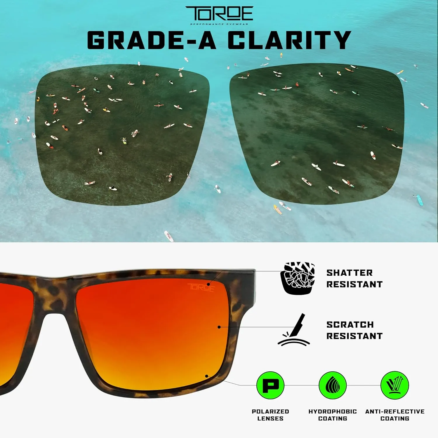 TOROE Classic RANGE TR90 Frame Polarized Unbreakable Sunglasses with Hydrophobic Coated Polycarbonate AR Lenses