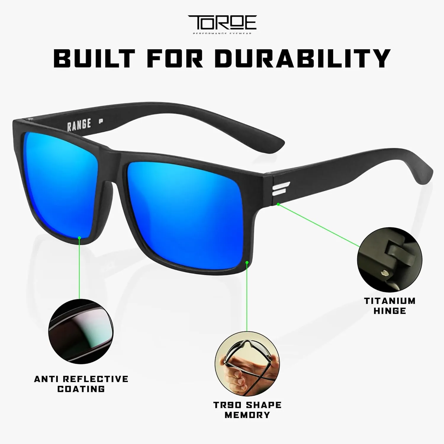 TOROE Classic RANGE TR90 Frame Polarized Unbreakable Sunglasses with Hydrophobic Coated Polycarbonate AR Lenses