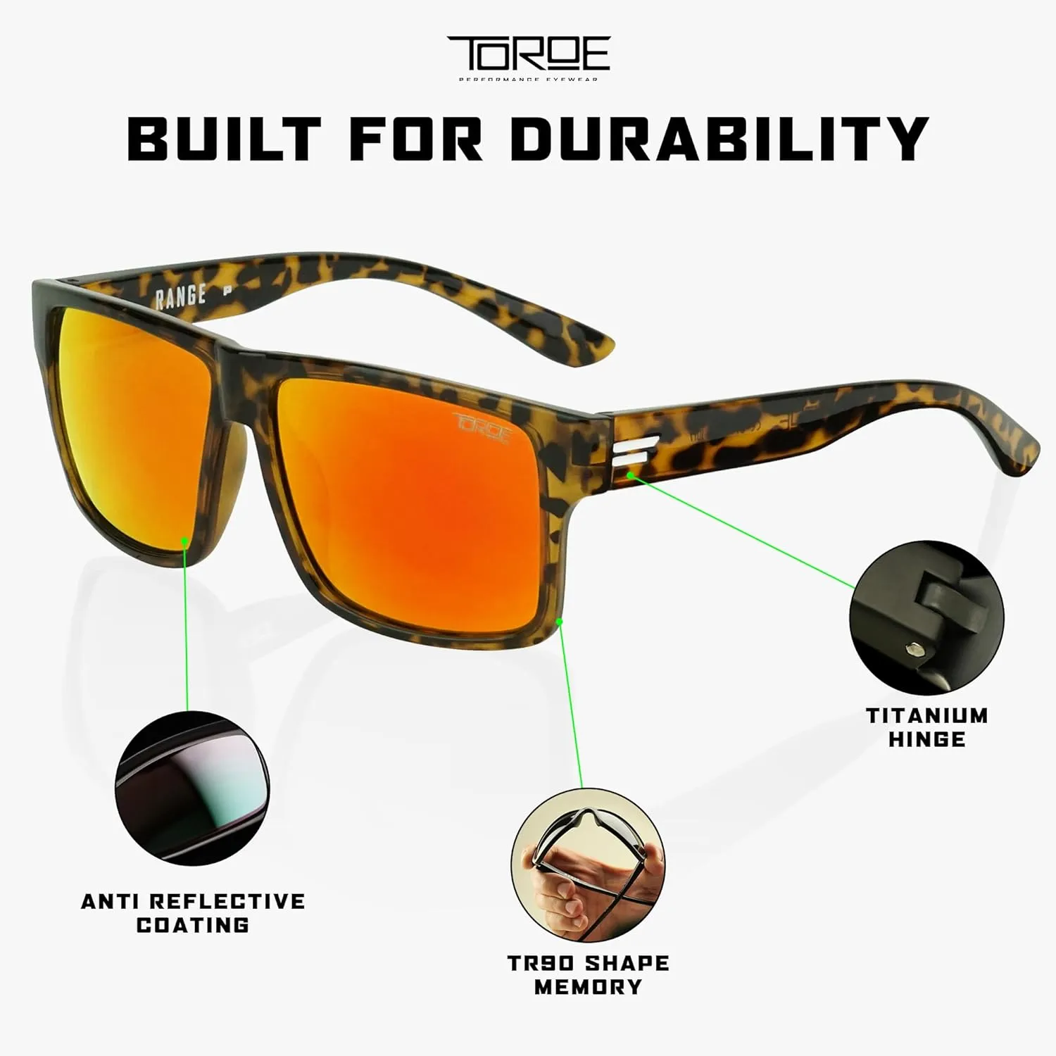 TOROE Classic RANGE TR90 Frame Polarized Unbreakable Sunglasses with Hydrophobic Coated Polycarbonate AR Lenses