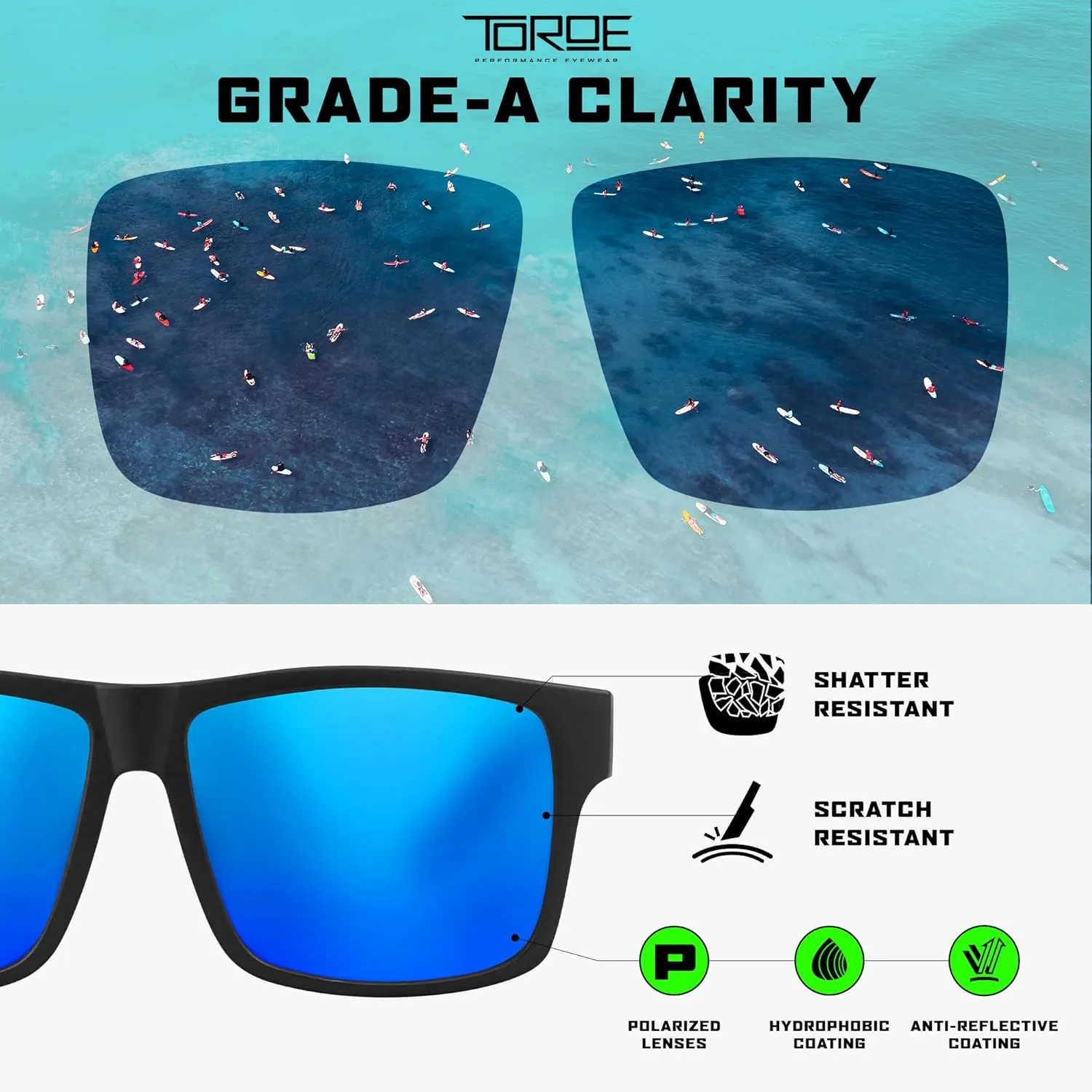 TOROE Classic RANGE TR90 Frame Polarized Unbreakable Sunglasses with Hydrophobic Coated Polycarbonate AR Lenses