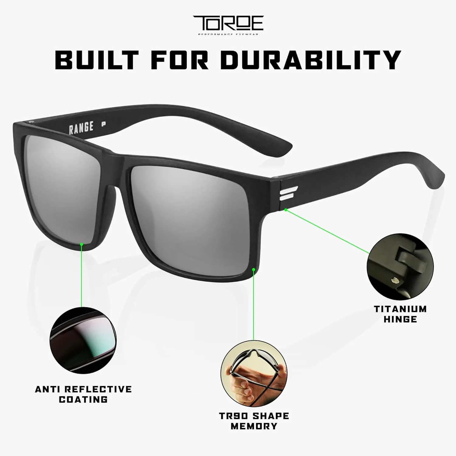 TOROE Classic RANGE TR90 Frame Polarized Unbreakable Sunglasses with Hydrophobic Coated Polycarbonate AR Lenses