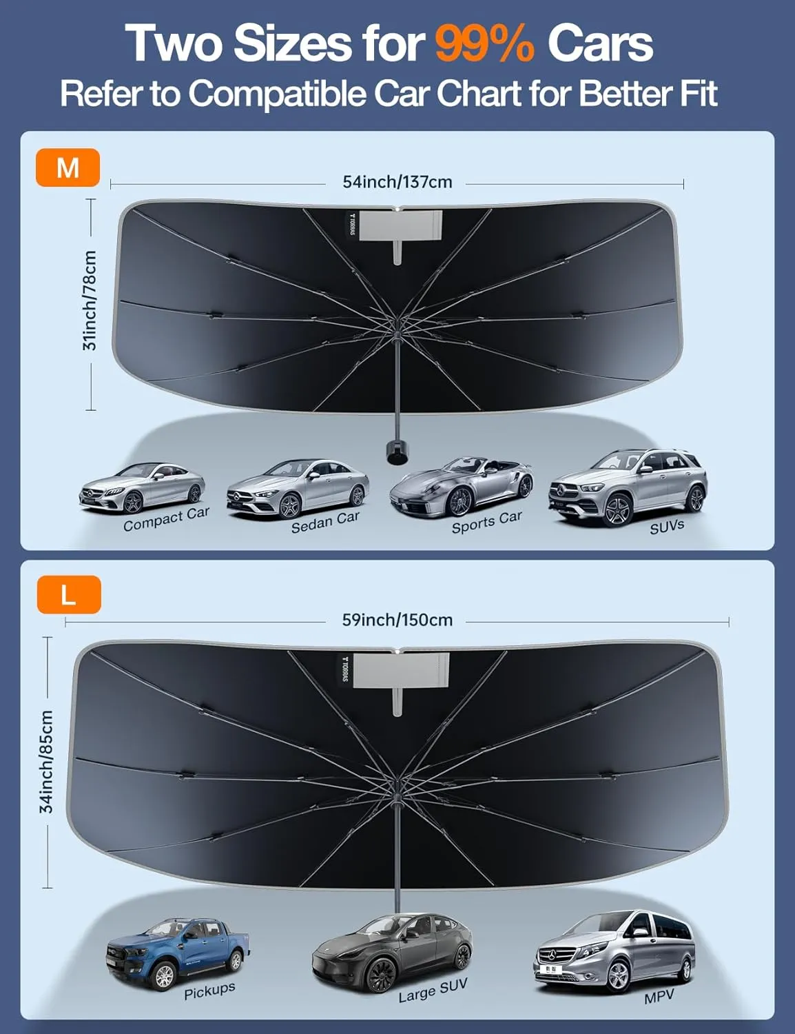 TORRAS Car Windshield Sun Shade Umbrella with Organizer Foldable Shades for Front Window Cover with Mirror Zipper Block UV Rays & Heat Fit Most Vehicles,Keep Cool M(56 * 33inch)