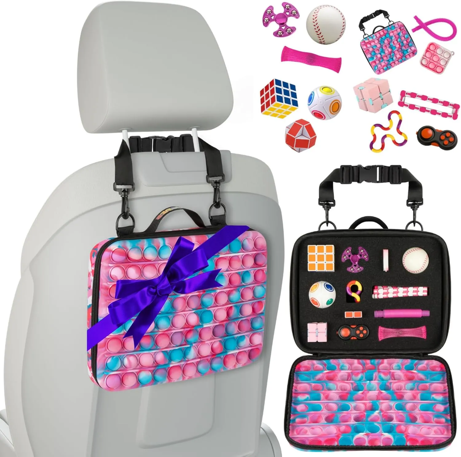 Travel Fidget Case Set with 12 Fidget Toys, Road Trip Activities for Kids, Airplane Must Haves for Kids, Sensory Toys, Car Travel Essentials for Long Trips (Pink)