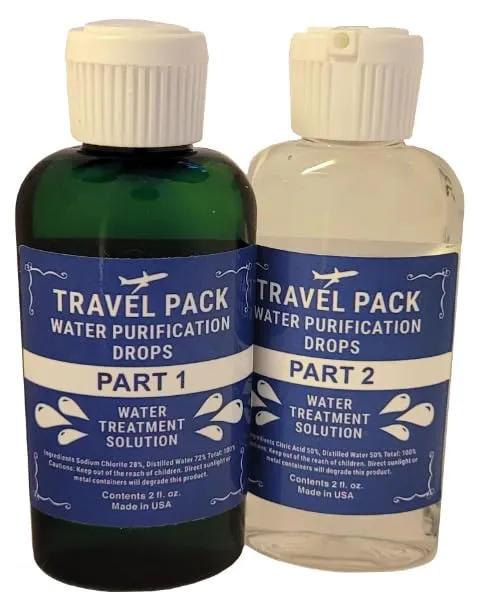 Travel Pack Chlorine Dioxide Water Purification Drops Kit 2 oz. Part 1 and Part 2