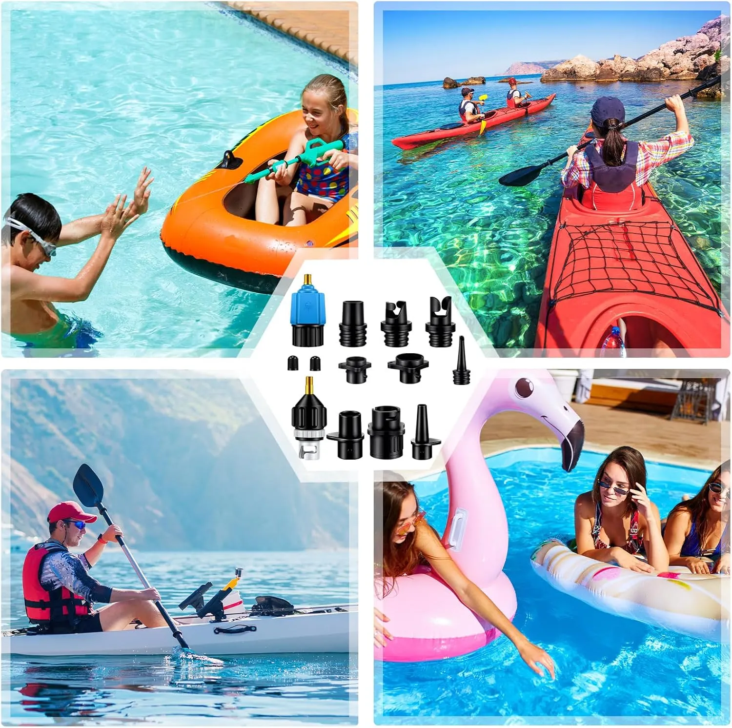 Treela Inflatable Air Pump Adaptor Compatible with SUP Inflatable Car Air Compressor Valve Adaptor with 9 Valve Nozzle for Paddle Board Boat