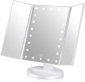 Tri-Fold Illuminated Vanity Mirror Led Lights Touch Screen Dimming Lighted Makeup Table Mirror with 2X/3X/ Magnifying Battery and USB Powered 180° Adjustable Rotation