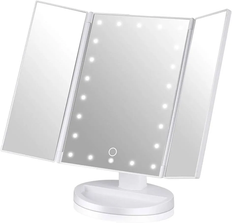 Tri-Fold Illuminated Vanity Mirror Led Lights Touch Screen Dimming Lighted Makeup Table Mirror with 2X/3X/ Magnifying Battery and USB Powered 180° Adjustable Rotation