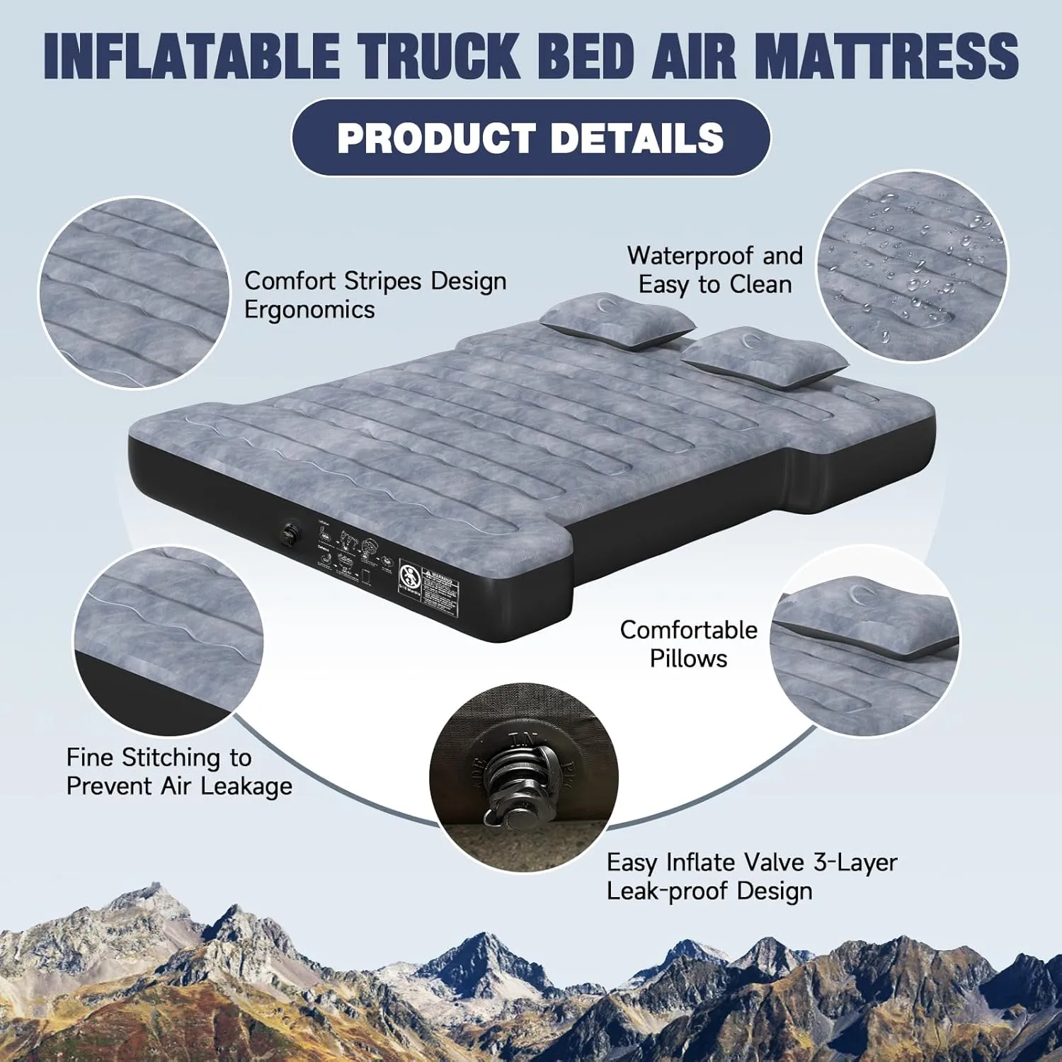 Truck Bed Air Mattress for Full Size 6.5ft Truck Beds, Inflatable Pickup Air Mattress for Chevrolet Silverado, Dodge Ram, Ford, with Air Pump, 2 Pillows, Carry Bag, Grey