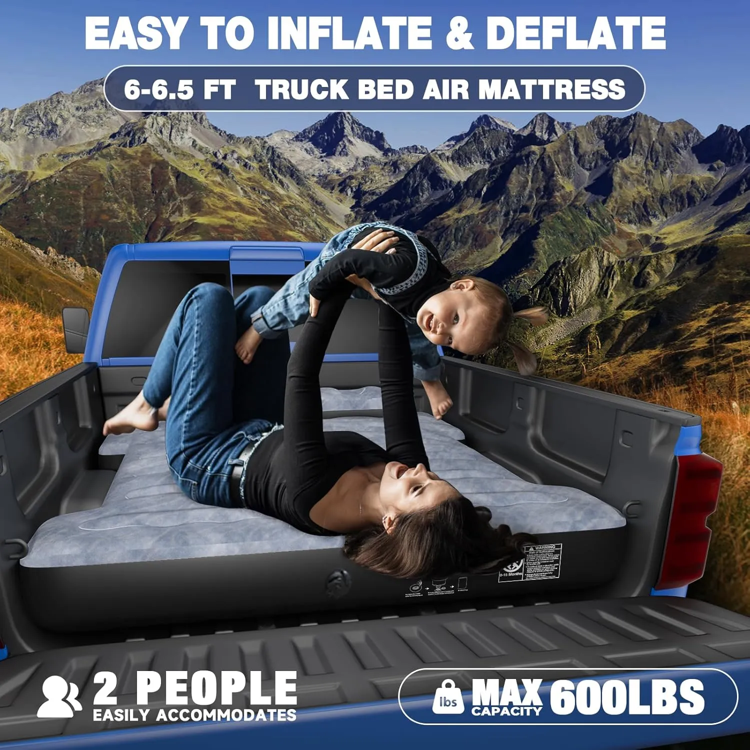 Truck Bed Air Mattress for Full Size 6.5ft Truck Beds, Inflatable Pickup Air Mattress for Chevrolet Silverado, Dodge Ram, Ford, with Air Pump, 2 Pillows, Carry Bag, Grey