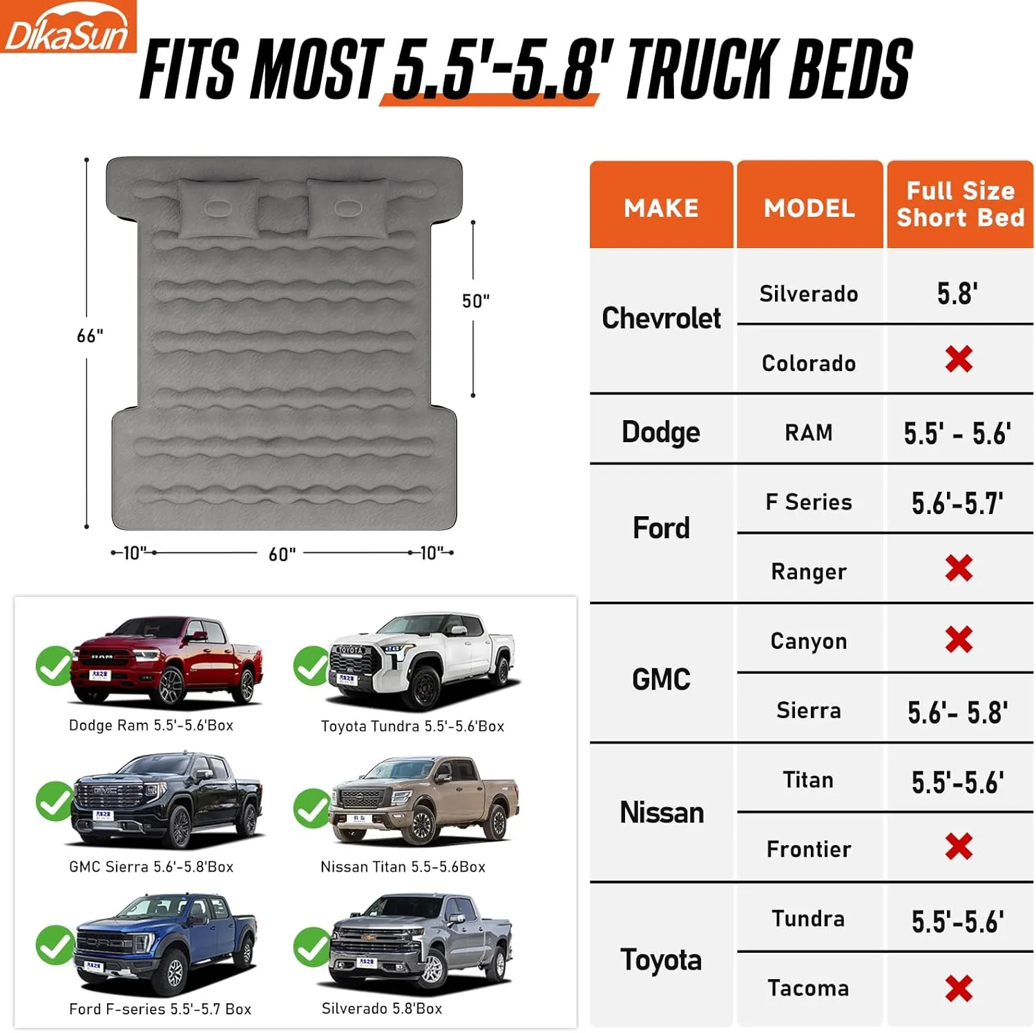 Truck Bed Mattress, Truck Bed Air Mattress for 5.5-5.8ft Full Size Short Beds, Inflatable Camping Air Mattress, Truck Tent Accessories with Pump & Carry Bag